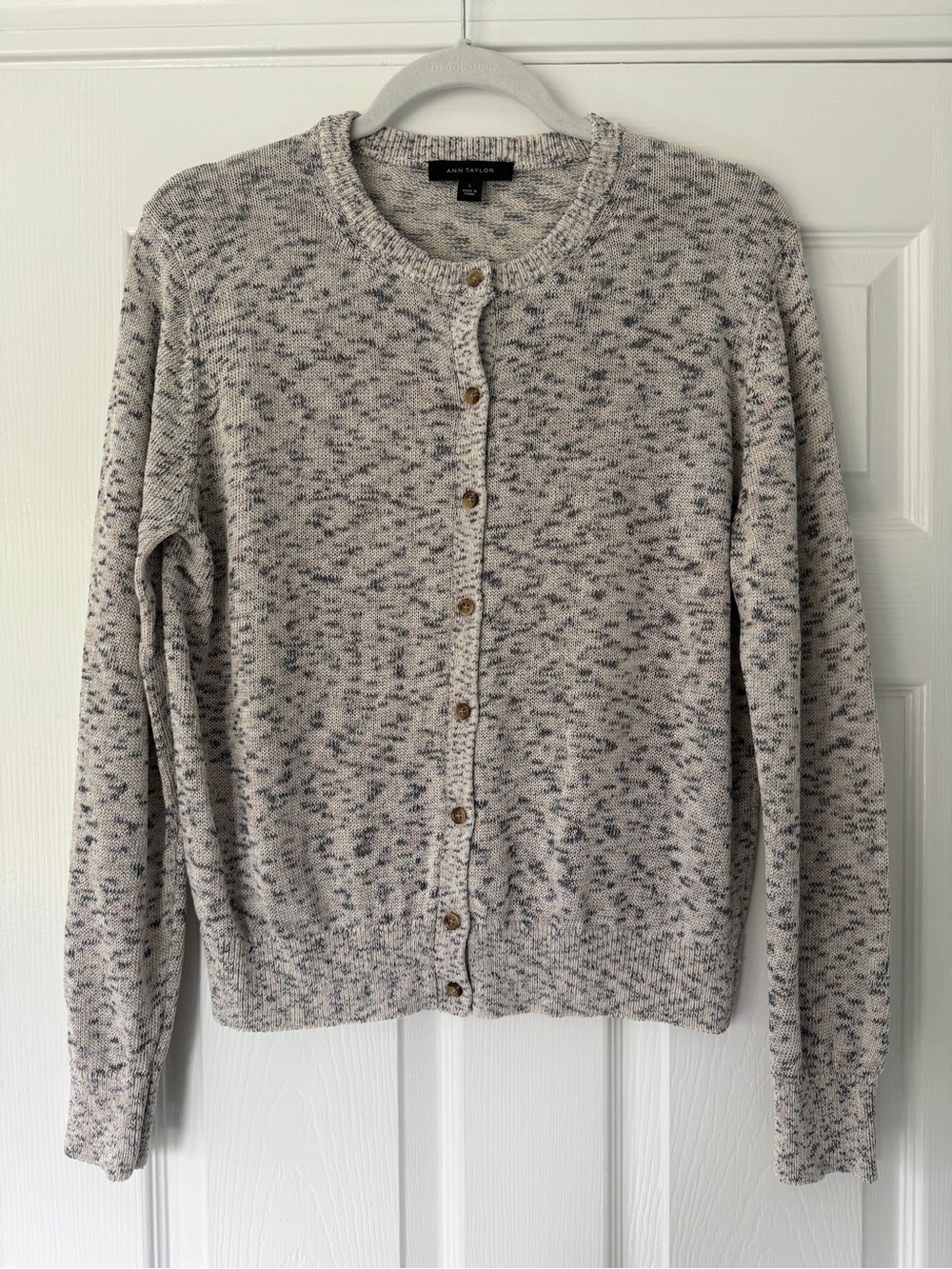 Ann Taylor Cream and Gray Metallic Speckled Button-Front Cardigan - Large